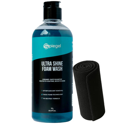 Spiegel Ultra Shine Car Shampoo 1L + 250 GSM Microfiber Cloth – High Foam pH-Balanced Car Wash Liquid – Streak-Free Shine – Safe on Paint, Ceramic, Chrome & Glass