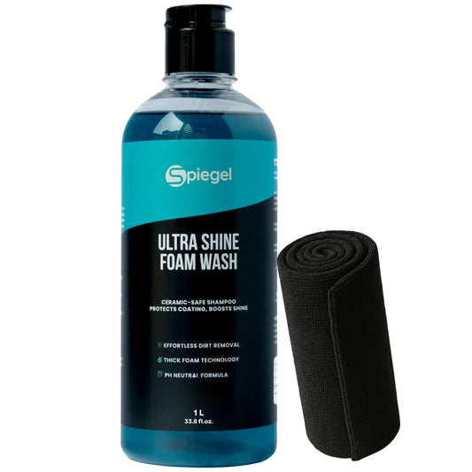 Spiegel Ultra Shine Car Shampoo 1L + 250 GSM Microfiber Cloth – High Foam pH-Balanced Car Wash Liquid – Streak-Free Shine – Safe on Paint, Ceramic, Chrome & Glass