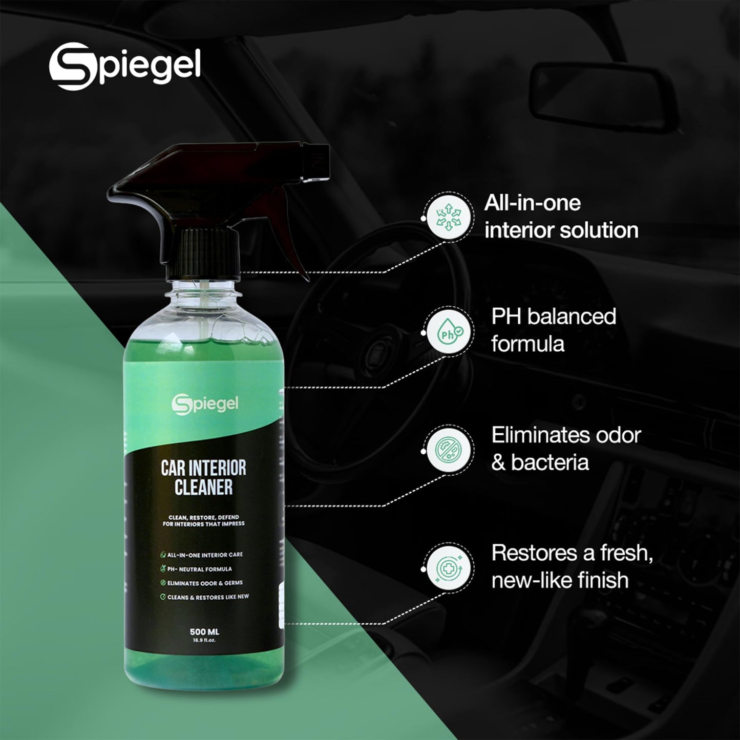 Spiegel Car Interior Cleaning Kit with Dashboard & Leather Care, All-in-One Protection & Interior Conditioning for Leather Seats, Plastics, Rubber & Vinyl | 500 ML Each
