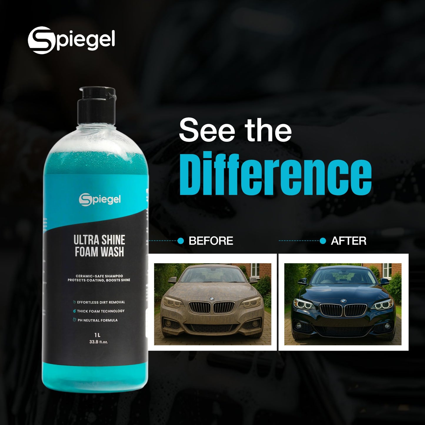 Spiegel Ultra Shine Car Shampoo 1L + 250 GSM Microfiber Cloth – High Foam pH-Balanced Car Wash Liquid – Streak-Free Shine – Safe on Paint, Ceramic, Chrome & Glass