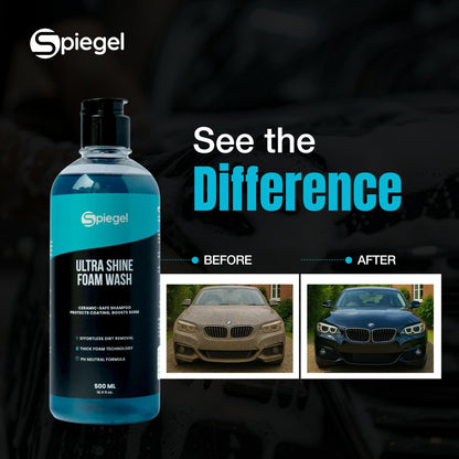 Spiegel Ultra Shine Car Shampoo 1L + 250 GSM Microfiber Cloth – High Foam pH-Balanced Car Wash Liquid – Streak-Free Shine – Safe on Paint, Ceramic, Chrome & Glass