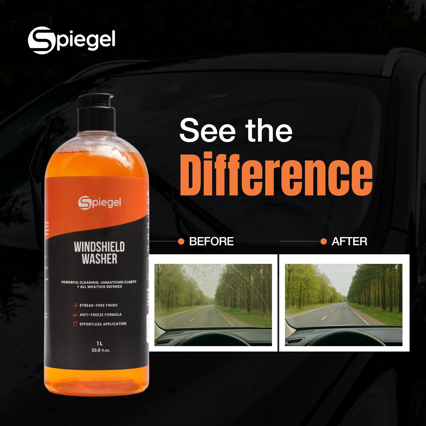 Spiegel Windshield Washer Fluid For Car 1L Pack - All Season Car Windshield Cleaner Liquid- Anti Freeze Technology